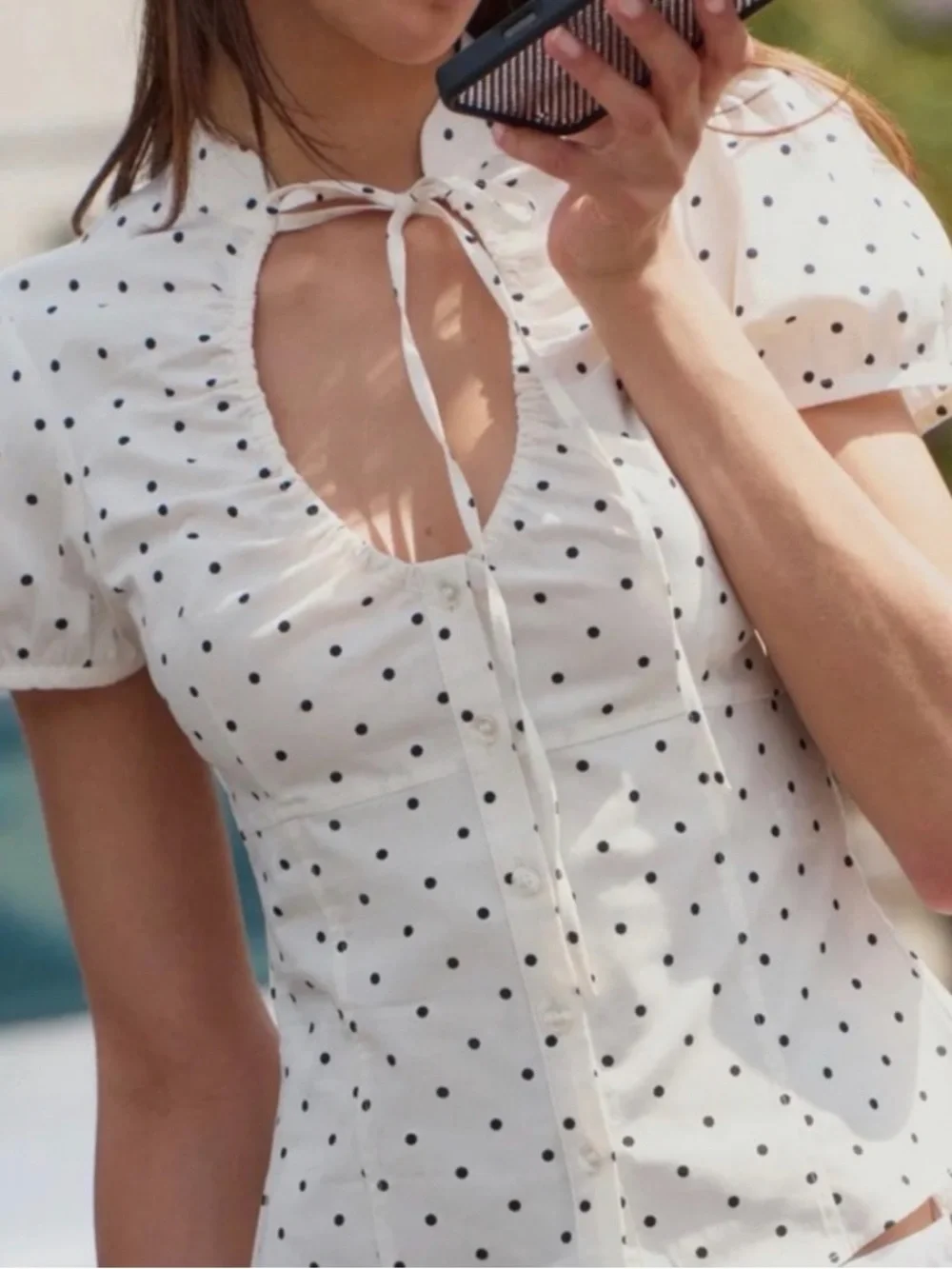 Zara White Polka Dot Tie-Neck Puff Sleeve Blouse